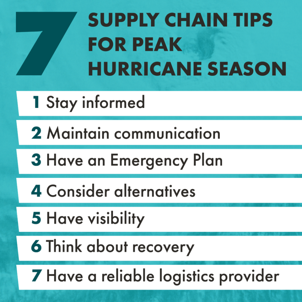 Graphic that reads, "7 Supply Chain Tips for Peak Hurricane Season. 1 Stay informed. 2 Maintain communication. 3 Have an emergency plan. 4 Consider alternatives. 5 Have visibility. 6 Think about recovery. 7 Have a reliable logistics provider."