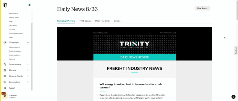 scrolling image showing an example of Trinity's Daily News Update email