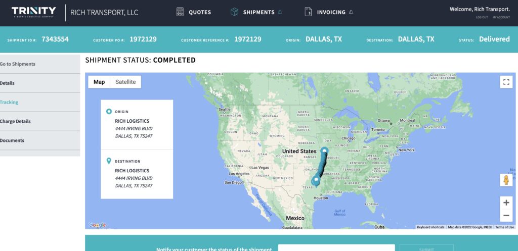Screenshot of shipment tracking map in Trinity's Customer Portal.
