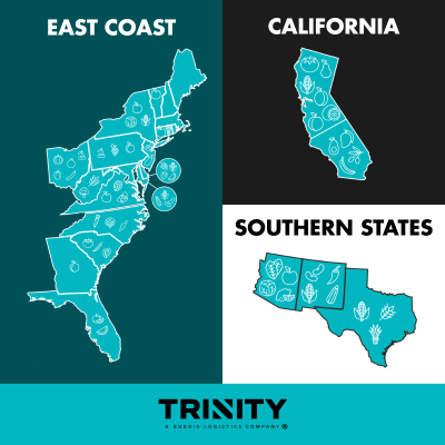 Graphic showing U.S. produce regions including the East Coast, California, and Southern states, with illustrated fruits and vegetables inside each map to represent key growing areas, highlighting Trinity Logistics’ expertise in produce transportation across major agricultural markets.