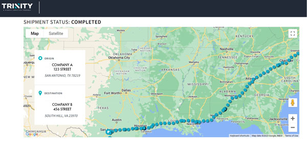 This image is a screenshot of Trinity's Customer Portal shipment tracking feature, showing a map, the origin and destination pinpointed, and shipment's journey. 