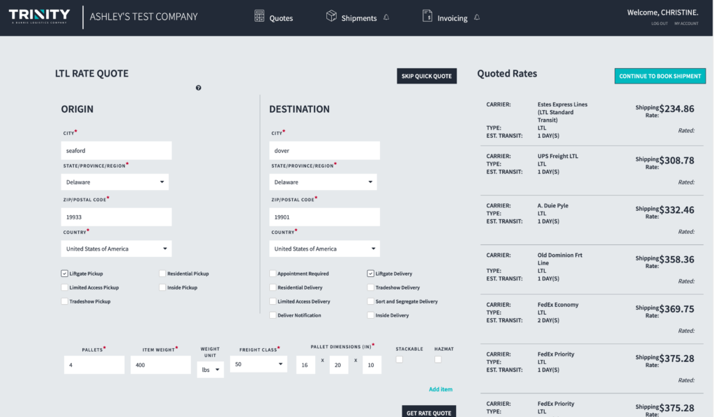 This image is a screenshot of Trinity's Customer Portal feature, LTL Quick Quote. It shows the quote form on the left side for the customer to enter their information and the immediate quoted rates on the right side of the page. 