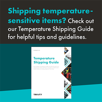 A graphic that reads "Shipping temperature-controlled sensitive items? Check out our Temperature Shipping Guide for helpful tips and guidelines." The background behind the text is black. Underneath that is a screenshot of the Temperature Shipping Guide cover with a dark teal background and on the very  bottom is a teal slash.