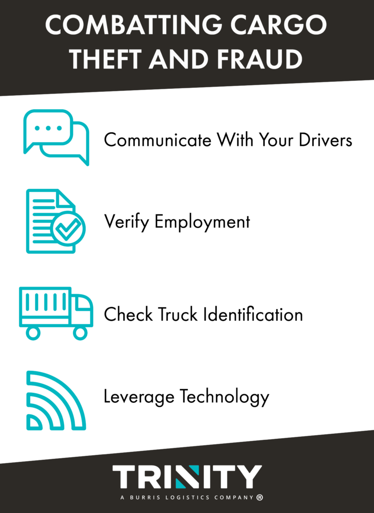A graphic titled "Combatting Cargo Theft and Fraud" with line icons below it. There are message bubbles for communicate with your drivers, a document with a check mark for verify employment, a truck for check truck identification, and wi-fi bars for leverage technology. Below that is the Trinity Logistics logo.
