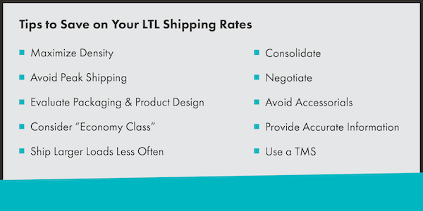 Graphic that reads "Tips to Save on Your LTL Shipping Rates. It then lists the tips including maximize density, avoid peak shipping, evaluate packaging and product design, consider economy class, ship larger loads less often, consolidate, negotiate, avoid accessorial, provide accurate information, and use a TMS."