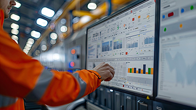 A white worker in a reflective orange jacket stands in front of several computer screens showing graphs and analytics. 