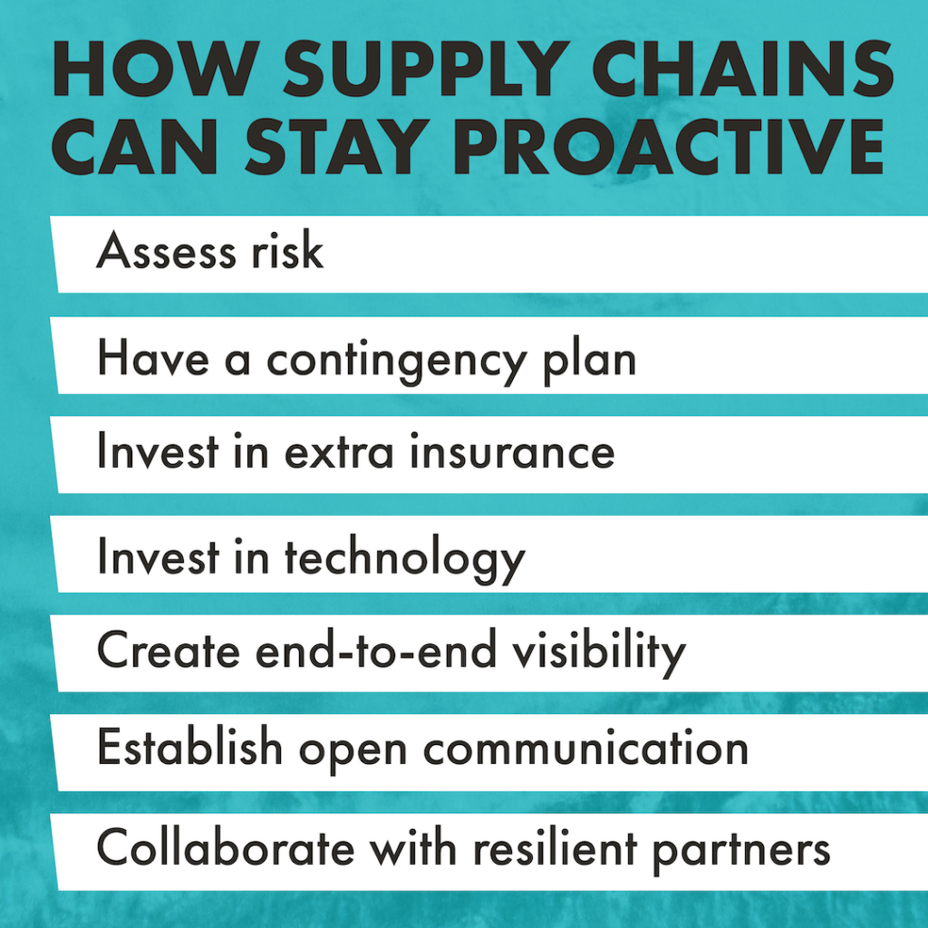 A graphic with a teal colored background. A title in dark teal at the top reads "How Supply Chains Can Stay Proactive." Below that are seven points encased in their own white rectangular block. The points listed are assess risk, have a contingency plan, invest in extra insurance, invest in technology, create end-to-end visibility, establish open communication, and collaborate with resilient partners.