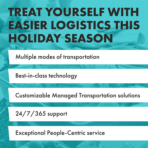 Designed graphic reading "Treat Yourself with Easier Logistics This Holiday Season: multiple modes of transportation, best-in-class technology, customizable managed transportation solutions, 24/7/365 support, exceptional People-Centric service." The background consists of a picture of seasonal food, tinted teal. "Treat Yourself with Easier Logistics This Holiday Season" is bolded and in black. The list of Trinity benefits below are on white blocks with black text.