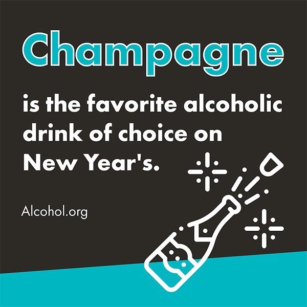 A designed graphic that reads "Champagne is the favorite alcoholic drink of choice on New Year's" and is attributed to Alcohol.com. It is white text on a black background with a diagonal teal slash on the bottom. There is an outlined wine bottle with a cork popping out of the top and little sparks of carbonation surrounding it on the bottom right of the image. 