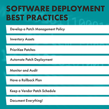 A graphic image titled, "Software Deployment Best Practices." Below the title is a list of items, reading, "develop a patch management policy, inventory assets, prioritize patches, automate patch deployment, monitor and audit, have a rollback plan, keep a vendor patch schedule, and document everything!" The title is bold and in black. The list of items are in black with a white rectangle around each item. The background is teal.