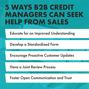 A graphic that titled "5 Ways B2B Credit Managers Can Seek Help From Sales." The title is in black and all caps. Listed below: "Educate for an improved understanding, develop a standardized form, encourage proactive customer updates, have a joint review process, foster open communication and trust." They are listed vertically, written in black with a white boxed background around the text. Behind them and the title is a teal background. 