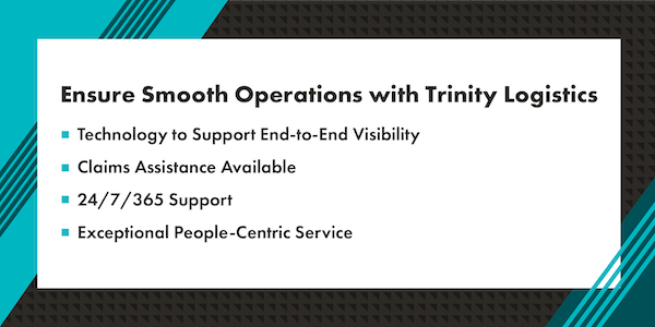 Graphic reads "Ensure Smooth Operations with Trinity Logistics- Technology to Support End-to-End Visibility, Claims Assistance Available, 24/7/365 Support, Exceptional People-Centric Service" Text is black, background is white. Teal in background behind white.