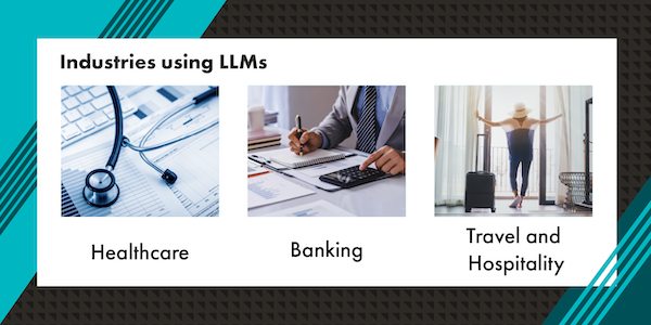 A graphic that reads "Industries using LLMs." The text is in black with a white rectangle background. Below the text and including in the white rectangle are three photos, representing each industry mentioned. From left to right is a photo of a stethoscope lying on top of documents with text underneath it labeling it as healthcare; then a photo of a white man in a suit sitting at a desk, using a calculator, holding a pen to a pad of paper, with text underneath it labeling it as banking; then a photo of a white woman back facing us, standing at a large glass sliding door the leads to a balcony, with sunshine pouring in, the lady wearing a sunhat and light navy top and pants, behind her is a suitcase, with text beneath it labeling it as travel and hospitality. Surrounding the white rectangle background is a graphic border with a mix of teal, dark teal, and black diagonal lines.