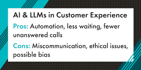 A graphic that reads "AI & LLMs in Customer Experience: Pros - Automation, less waiting, and fewer unanswered calls. Cons - miscommunication, ethical issues, and possible bias." The text is in black with a white rectangle background. Surrounding the white rectangle background is a graphic border with a mix of teal, dark teal, and black diagonal lines.