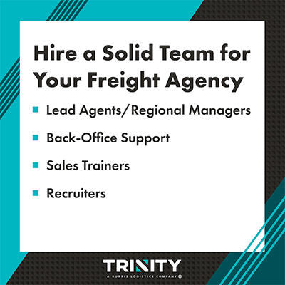 This graphic says, “Hire a Solid Team for Your Freight Agency
• Lead Agents/Regional Managers
• Back-Office Support
• Sales Trainers
• Recruiters"
The graphic is teal and black with stripes on the top left and bottom right corners. The Trinity Logistics logo is centered on the bottom.