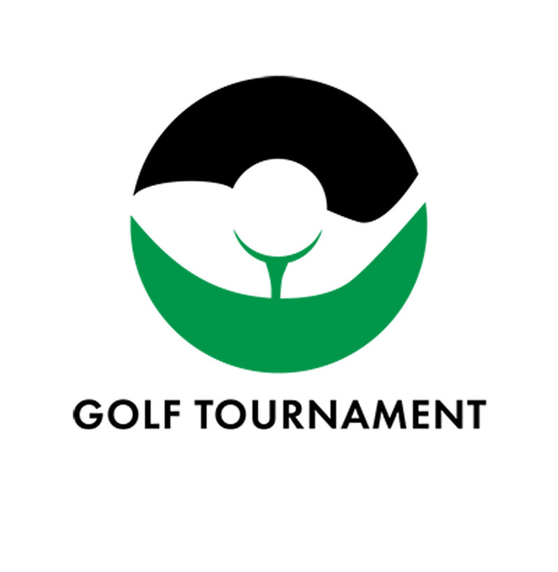 The Trinity Golf Tournament logo which is a circle. The top is black, the bottom green. In the middle is a white golf ball with a green golf tee holding it up and behind it the bottom part of a white club. Below the logo reads Golf Tournament in all caps in black lettering.