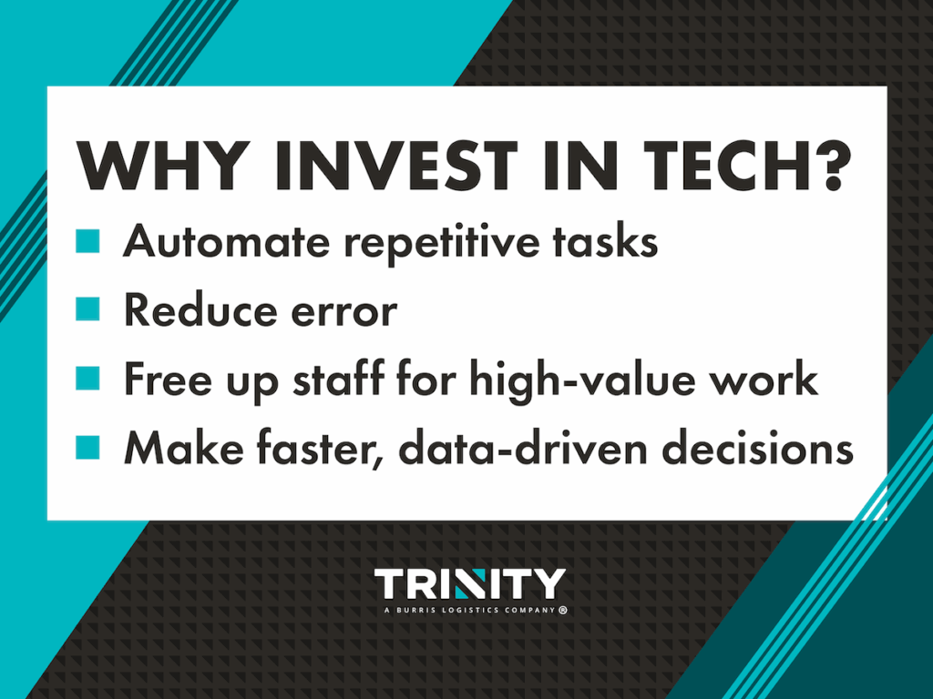 Graphic that reads " WHY INVEST IN TECH? Automate repetitive tasks, reduce errors, free up staff for high-value work, make faster, data-driven decision." The text is black with a white rectangular block around it, behind that are diagonal blocks of Trinity Teal and dark teal lines on top-left and bottom-right edges. In between those two is the Trinity triangle pattern, dark black on light black, and the Trinity logo beneath the text. 