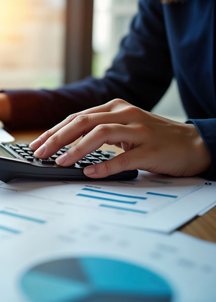Businesswoman works in office with laptop, calculator analyzing financial accounts, company budgets. Reviews financial reports, charts. Focused pro woman plans company strategy for income expense.