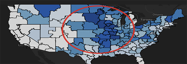 Map pulled from Freightwaves Sonar produce for the March 2025 freight market update, highlighting elevated outbound tender rejection rates across the Midwest United States, indicating tightening carrier capacity in the region.