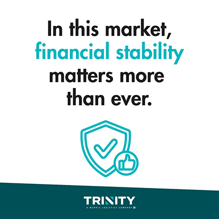 Graphic about company bankruptcies in logistics featuring the text “In this market, financial stability matters more than ever” alongside a shield icon representing trust, security, and reliable 3PL partnerships.